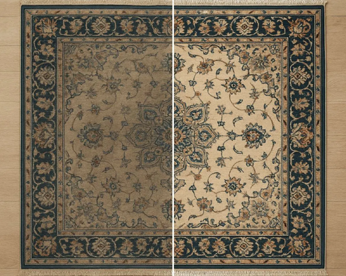Avant / après — le même tapis, lavé à moitié