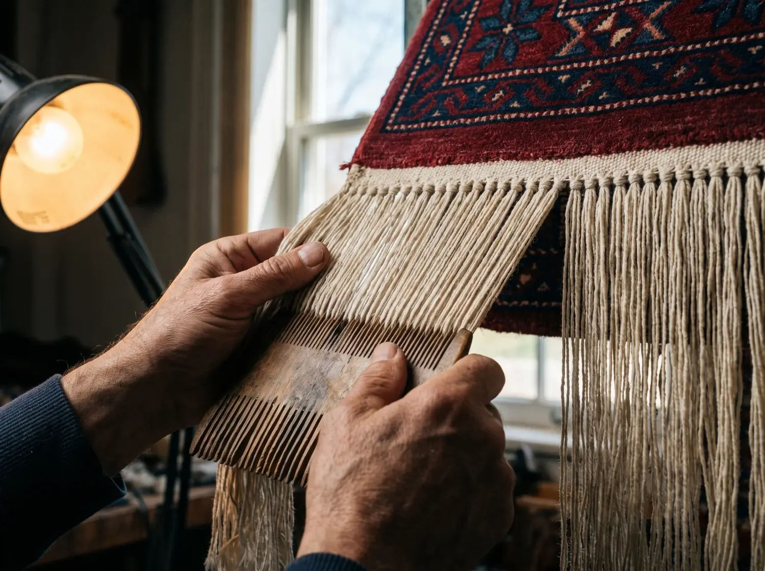Reprise à la main des franges et de la lisière d'un tapis persan, Maison Horn