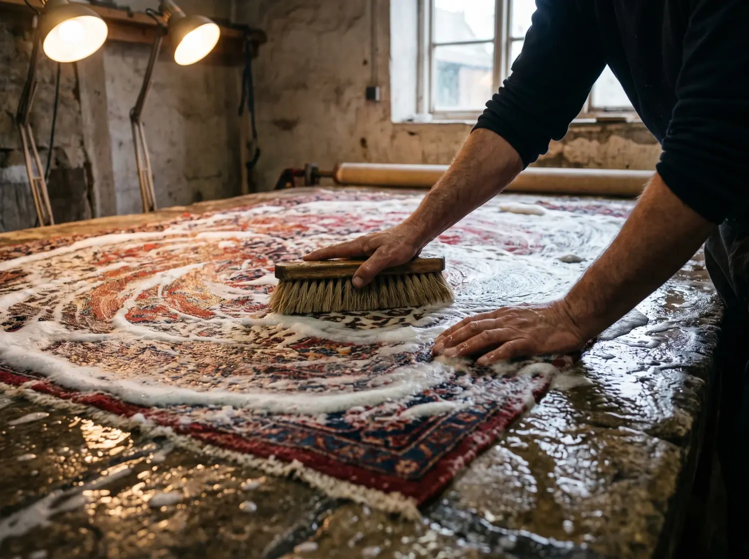 Lavage artisanal d'un tapis d'Orient à l'atelier Maison Horn près de Bordeaux