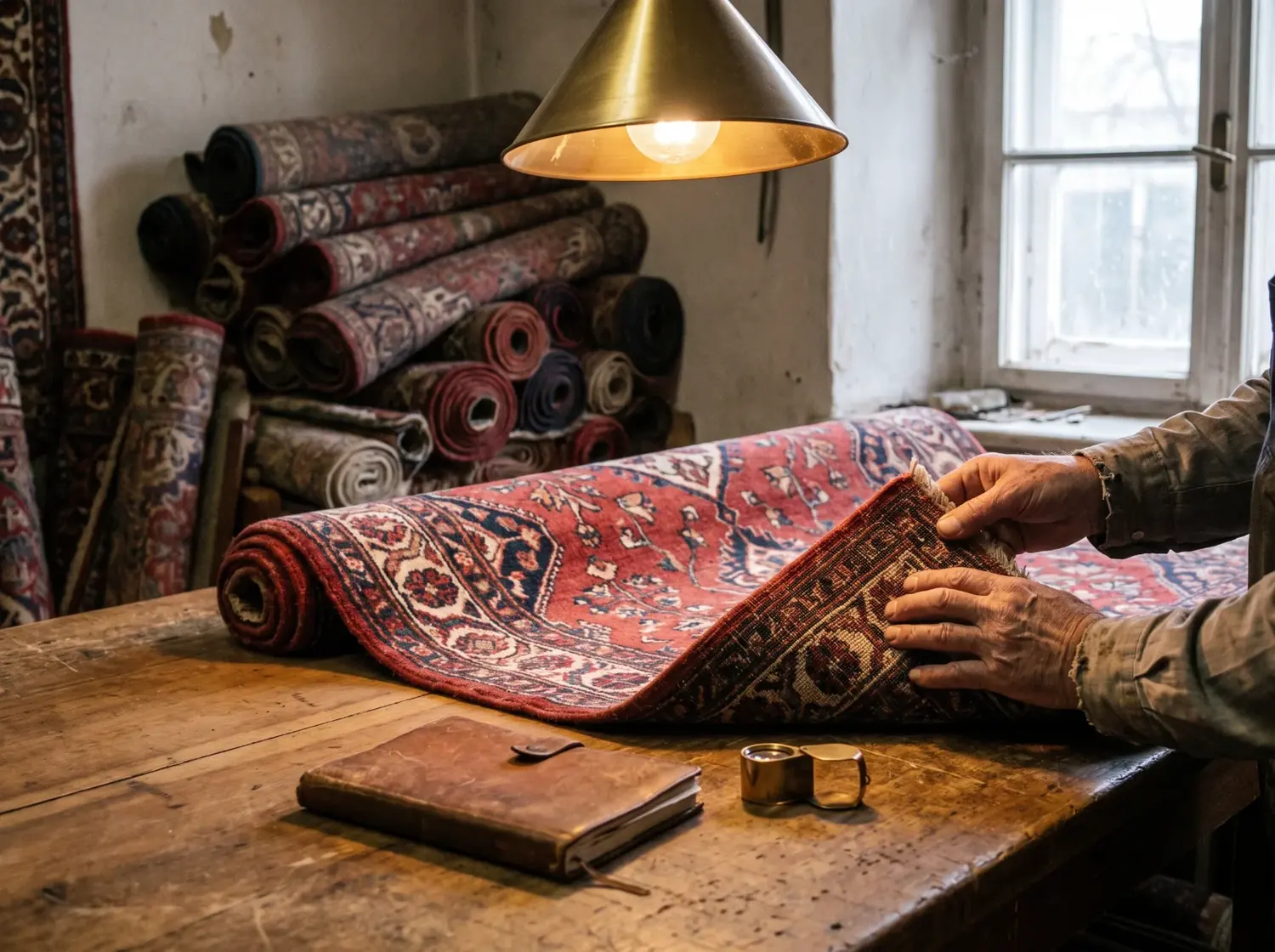 Examen du dos d'un tapis persan pour estimation avant rachat, Maison Horn Bordeaux