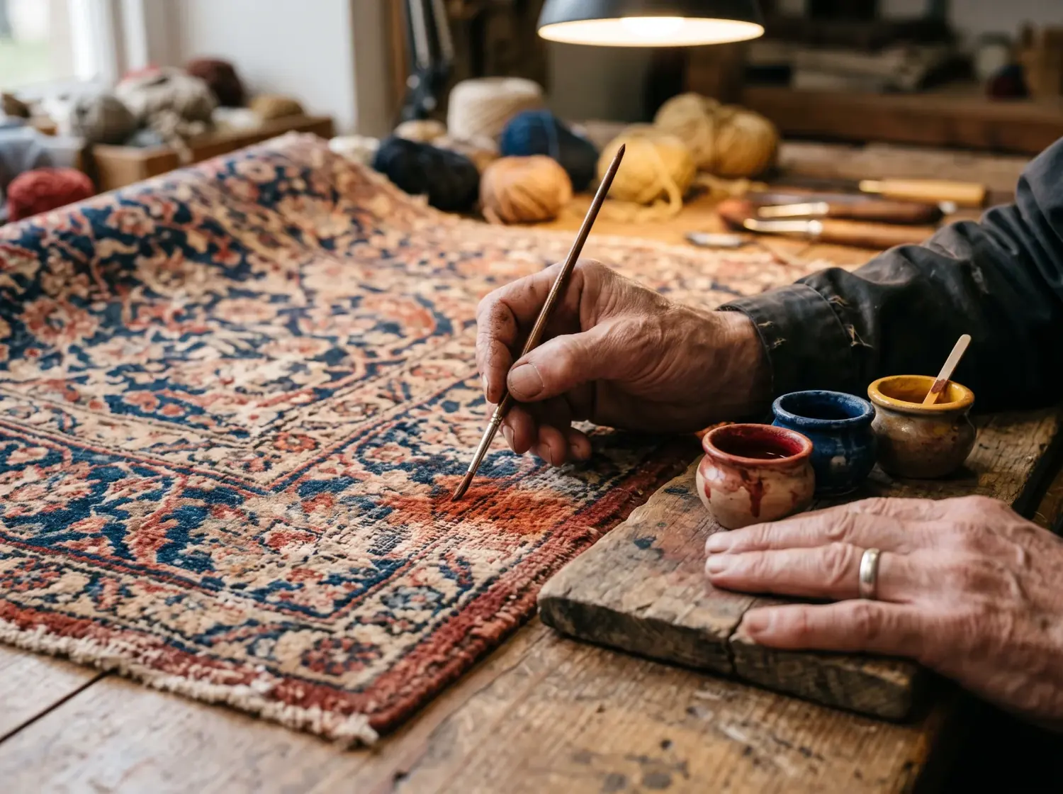 Retouche de teinte sur une zone décolorée de tapis d'Orient, atelier Maison Horn