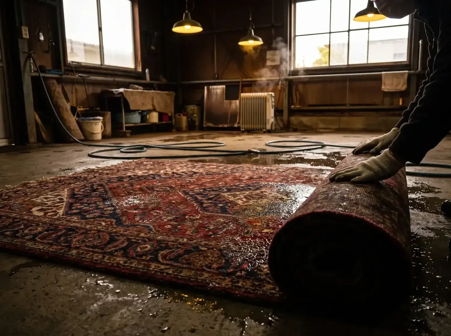 Séchage à plat contrôlé d'un tapis après dégât des eaux, atelier Maison Horn